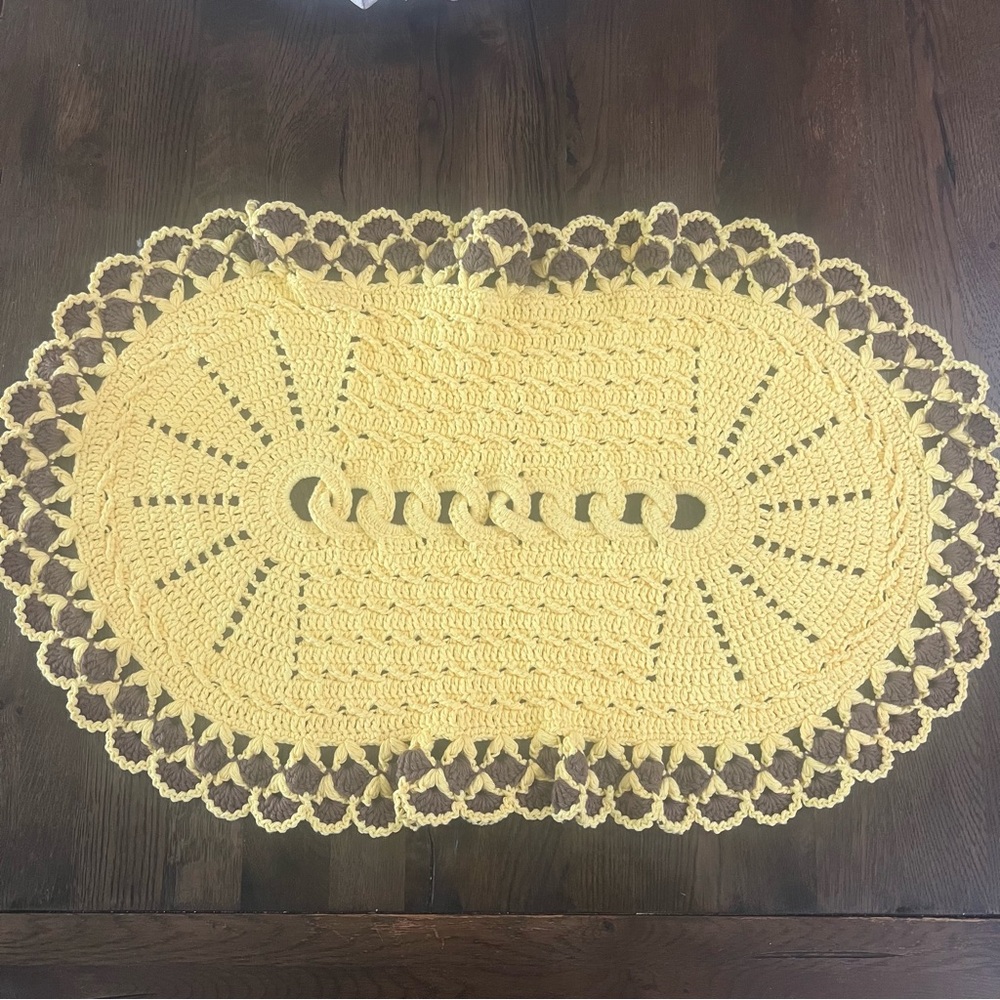 Handmade Oval Yellow Brown Crochet Doily Centerpiece